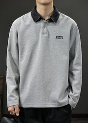 Classy Grey Button Patchwork Cotton Oversized Men Polo Sweatshirt Spring