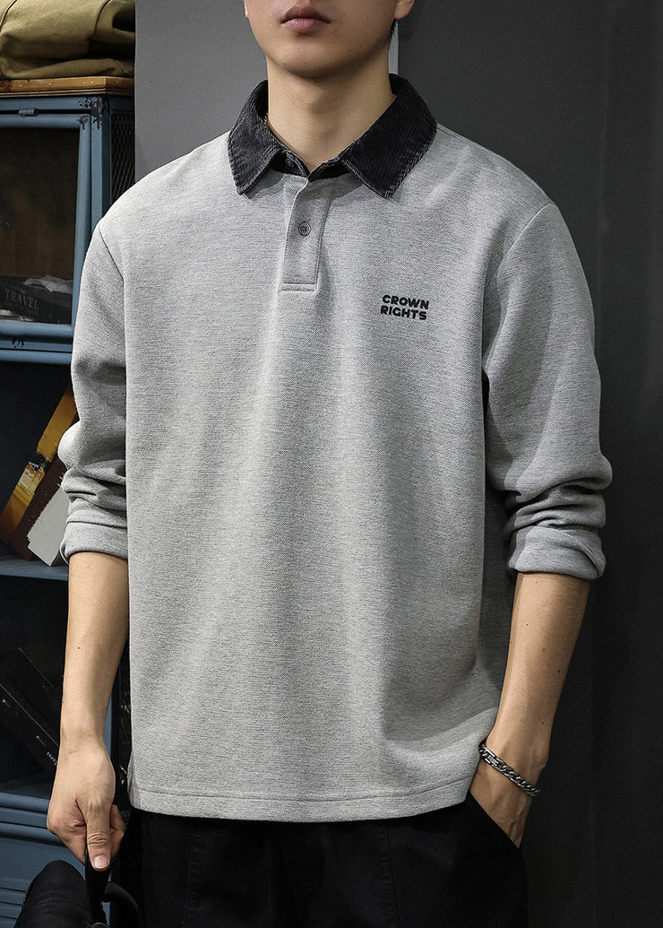 Classy Grey Button Patchwork Cotton Oversized Men Polo Sweatshirt Spring