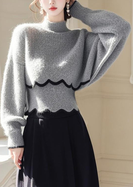 Classy Grey Hign Neck Knit Sweaters Batwing Sleeve