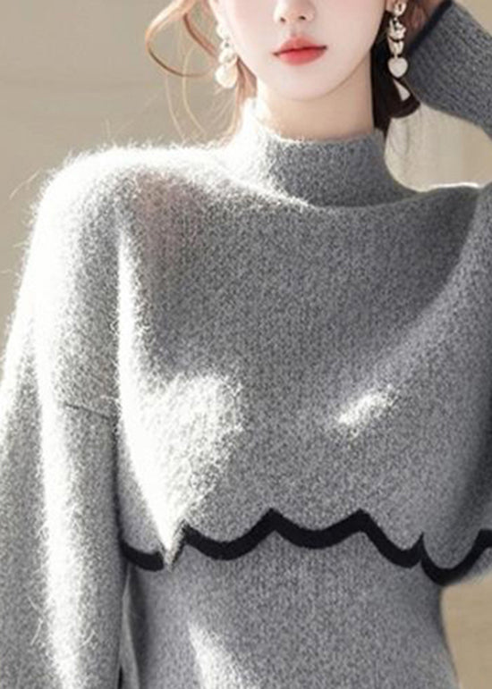 Classy Grey Hign Neck Knit Sweaters Batwing Sleeve