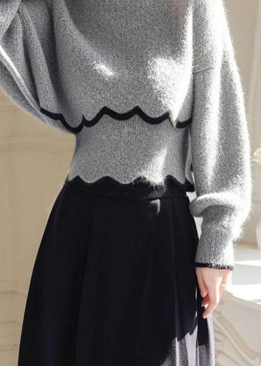 Classy Grey Hign Neck Knit Sweaters Batwing Sleeve