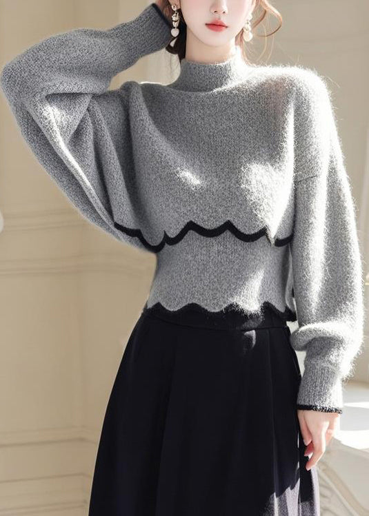 Classy Grey Hign Neck Knit Sweaters Batwing Sleeve