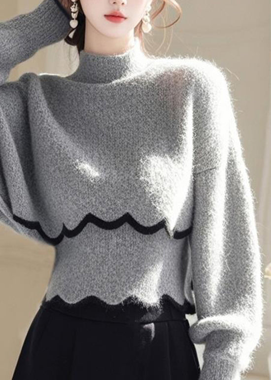 Classy Grey Hign Neck Knit Sweaters Batwing Sleeve