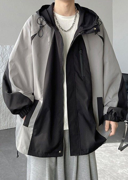 Classy Grey Hooded Drawstring Patchwork Cotton Mens Coats Spring