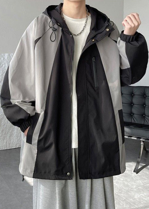 Classy Grey Hooded Drawstring Patchwork Cotton Mens Coats Spring