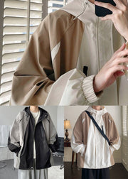 Classy Grey Hooded Drawstring Patchwork Cotton Mens Coats Spring