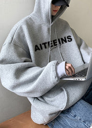 Classy Grey Hooded Letter Warm Fleece Mens Sweatshirts Spring