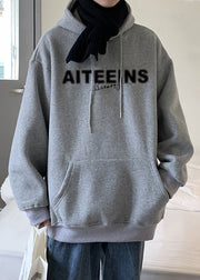 Classy Grey Hooded Letter Warm Fleece Mens Sweatshirts Spring