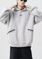 Classy Grey Hooded Zippered Warm Fleece Men Sweatshirt Spring