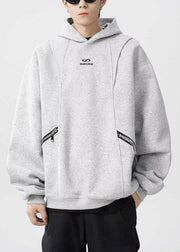 Classy Grey Hooded Zippered Warm Fleece Men Sweatshirt Spring