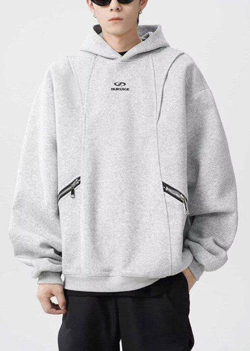 Classy Grey Hooded Zippered Warm Fleece Men Sweatshirt Spring