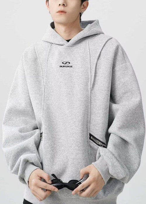 Classy Grey Hooded Zippered Warm Fleece Men Sweatshirt Spring