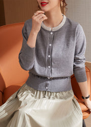 Classy Grey O-Neck Nail Bead Wool Knit Cardigans Spring