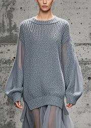 Classy Grey Oversized Patchwork Tulle Cozy Sweater Dress Winter