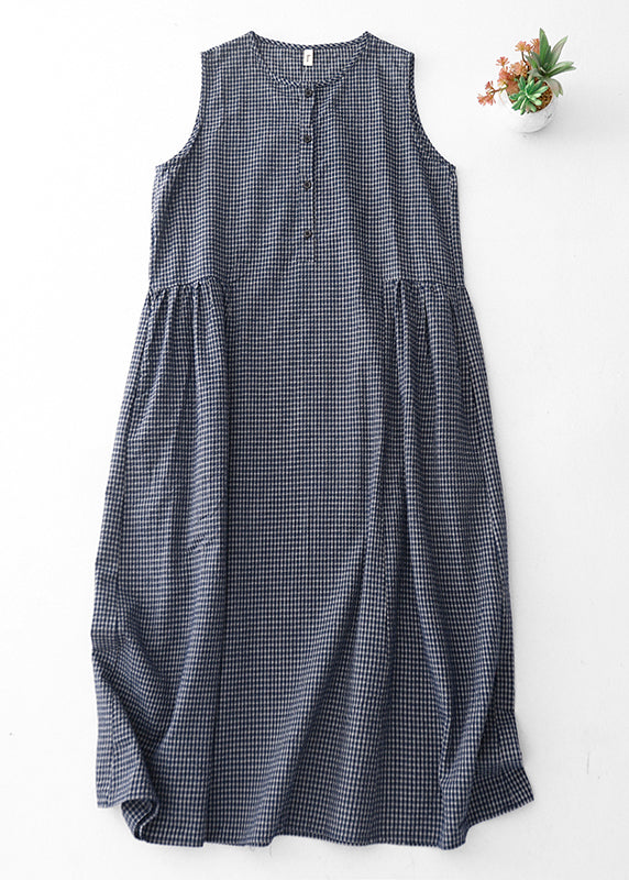 Classy Grey Oversized Plaid Linen Maxi Dresses Sleeveless