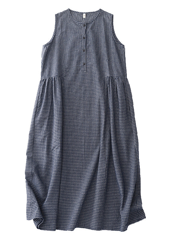 Classy Grey Oversized Plaid Linen Maxi Dresses Sleeveless