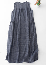 Classy Grey Oversized Plaid Linen Maxi Dresses Sleeveless