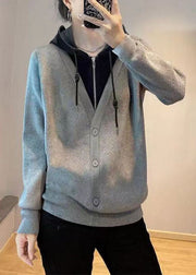 Classy Grey Patchwork Zippered Drawstring Sweatshirts Fall