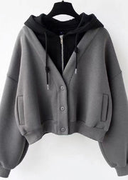 Classy Grey Patchwork Zippered Drawstring Sweatshirts Fall