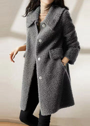 Classy Grey Peter Pan Collar Pockets Patchwork Wool Trench Winter