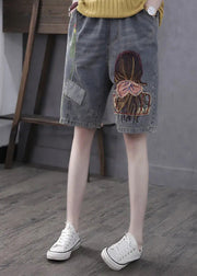 Classy Grey Print Embroideried Elastic Waist Straight Shorts Summer