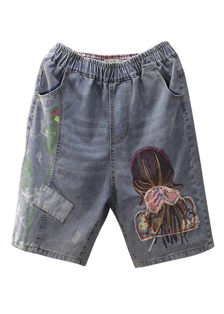 Classy Grey Print Embroideried Elastic Waist Straight Shorts Summer