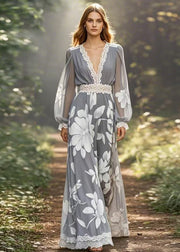 Classy Grey Print Lace Patchwork Chiffon Long Dress Spring