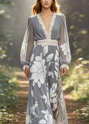 Classy Grey Print Lace Patchwork Chiffon Long Dress Spring