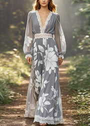 Classy Grey Print Lace Patchwork Chiffon Long Dress Spring