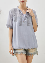 Classy Grey Ruffled Patchwork Lace Chiffon Shirts Summer