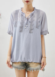 Classy Grey Ruffled Patchwork Lace Chiffon Shirts Summer