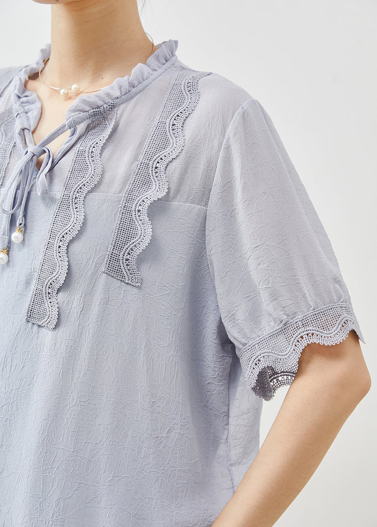 Classy Grey Ruffled Patchwork Lace Chiffon Shirts Summer