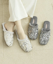 Classy Grey Sequins Cotton Fabric Slippers Shoes Fuzzy Wool Lined