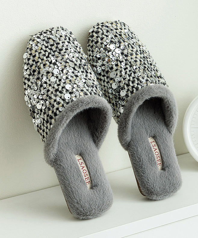 Classy Grey Sequins Cotton Fabric Slippers Shoes Fuzzy Wool Lined