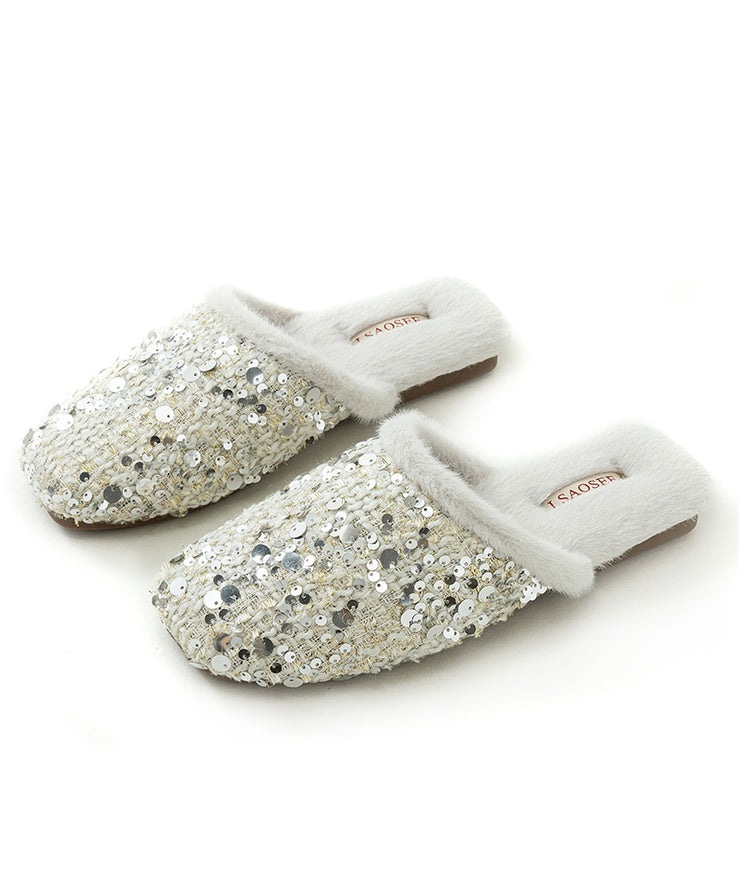 Classy Grey Sequins Cotton Fabric Slippers Shoes Fuzzy Wool Lined