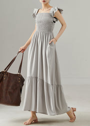 Classy Grey Square Collar Wrinkled Cotton Party Dress Petal Sleeve