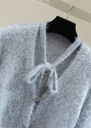 Classy Grey V Neck Bow Solid Ma Hai Mao Cotton Knit Sweaters Winter