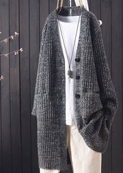 Classy Grey V Neck Pockets Warm Knit Long Cardigan Winter