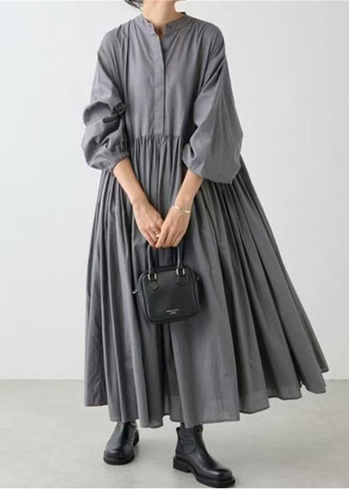 Classy Grey Wrinkled Solid Cotton Shirts Dress Spring