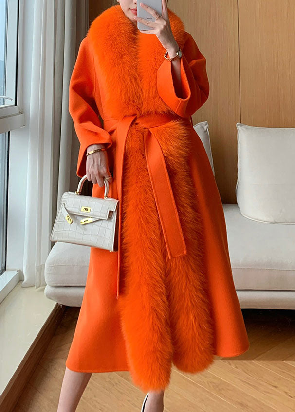 Classy Hermes Orange Fox Collar Pockets Tie Waist Woolen Maxi Coat Spring