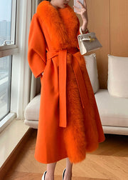 Classy Hermes Orange Fox Collar Pockets Tie Waist Woolen Maxi Coat Spring