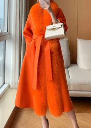 Classy Hermes Orange Fox Collar Pockets Tie Waist Woolen Maxi Coat Spring