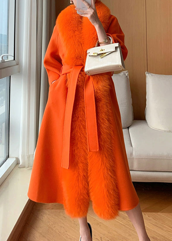 Classy Hermes Orange Fox Collar Pockets Tie Waist Woolen Maxi Coat Winter