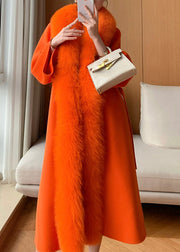 Classy Hermes Orange Fox Collar Pockets Tie Waist Woolen Maxi Coat Spring