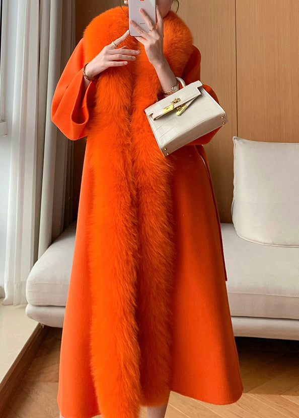 Classy Hermes Orange Fox Collar Pockets Tie Waist Woolen Maxi Coat Winter