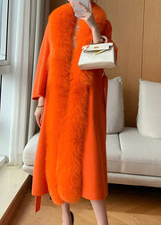 Classy Hermes Orange Fox Collar Pockets Tie Waist Woolen Maxi Coat Spring