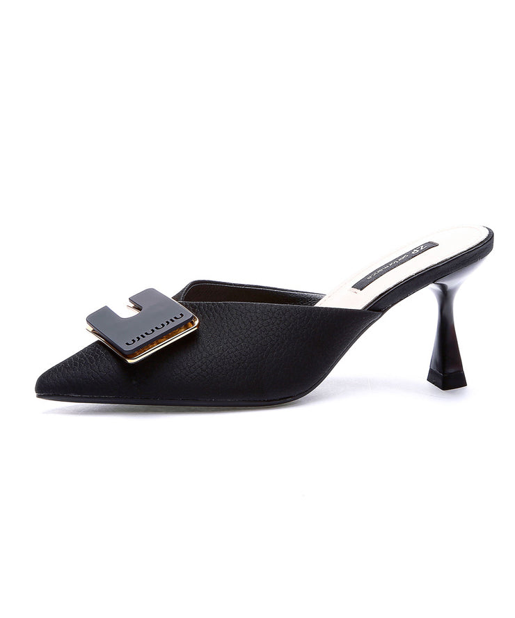 Classy High Heel Slide Sandals Black Faux Leather