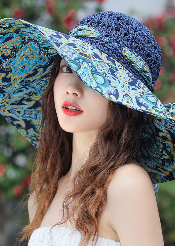 Classy Khaki Bow Print Patchwork Straw Woven Floppy Sun Hat