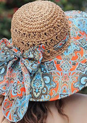 Classy Khaki Bow Print Patchwork Straw Woven Floppy Sun Hat