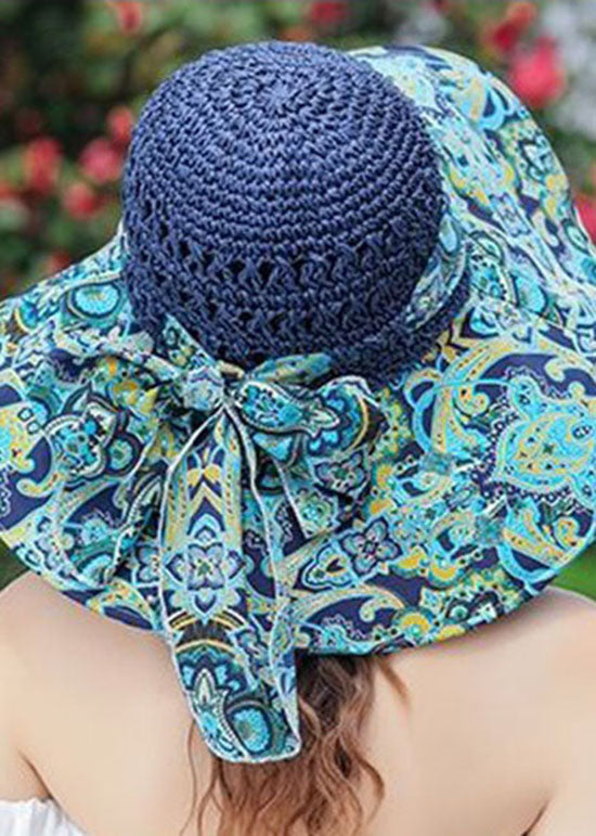 Classy Khaki Bow Print Patchwork Straw Woven Floppy Sun Hat